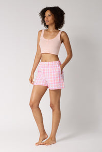 A lady wearing Prairie Plaid Woven Portuguese Flannel Boxer Short looking side