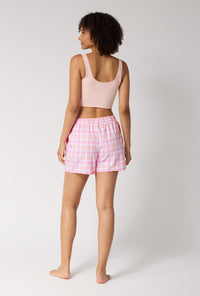 A lady wearing Prairie Plaid Woven Portuguese Flannel Boxer Short back view