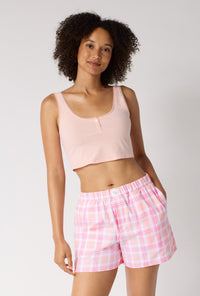 A lady wearing Prairie Plaid Woven Portuguese Flannel Boxer Short closer look