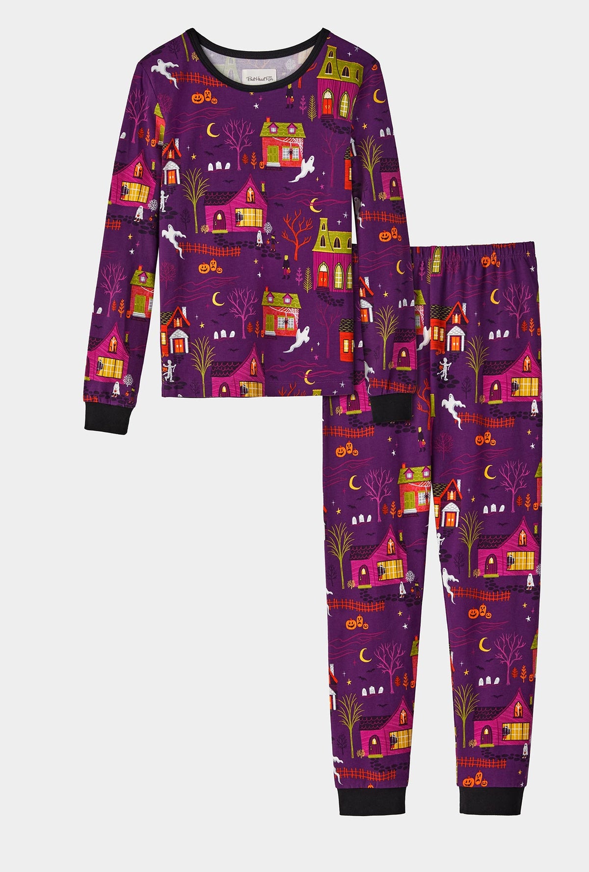 A girl wearing Spooky Town USA Long Sleeve Stretch Jersey Kids PJ Set