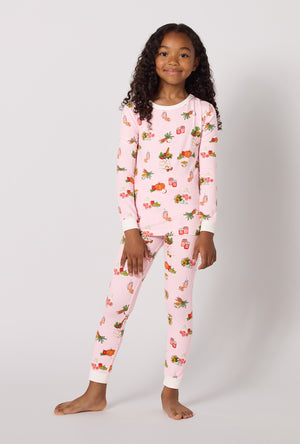 A girl wearing Farm Fresh Long Sleeve Stretch Jersey Kids Pj Set