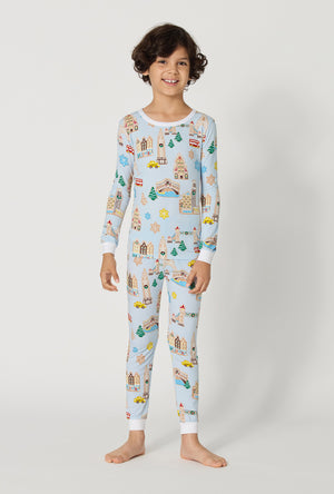 A Boy wearing Gingerbread City Long Sleeve Stretch Jersey Kids Pj Set