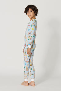A Boy wearing Gingerbread City Long Sleeve Stretch Jersey Kids Pj Set back view