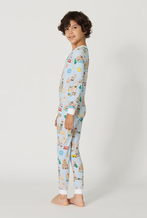 A Boy wearing Gingerbread City Long Sleeve Stretch Jersey Kids Pj Set back view