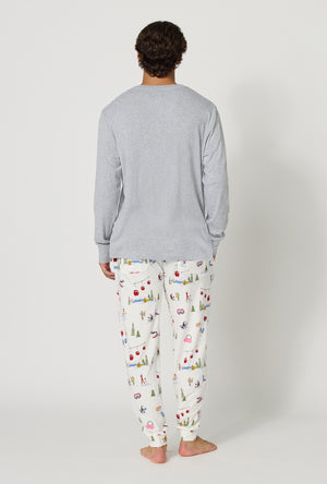 A man wearing Snow Much Fun Men's Long Sleeve Henley And Jogger Stretch Jersey Pj Set back view