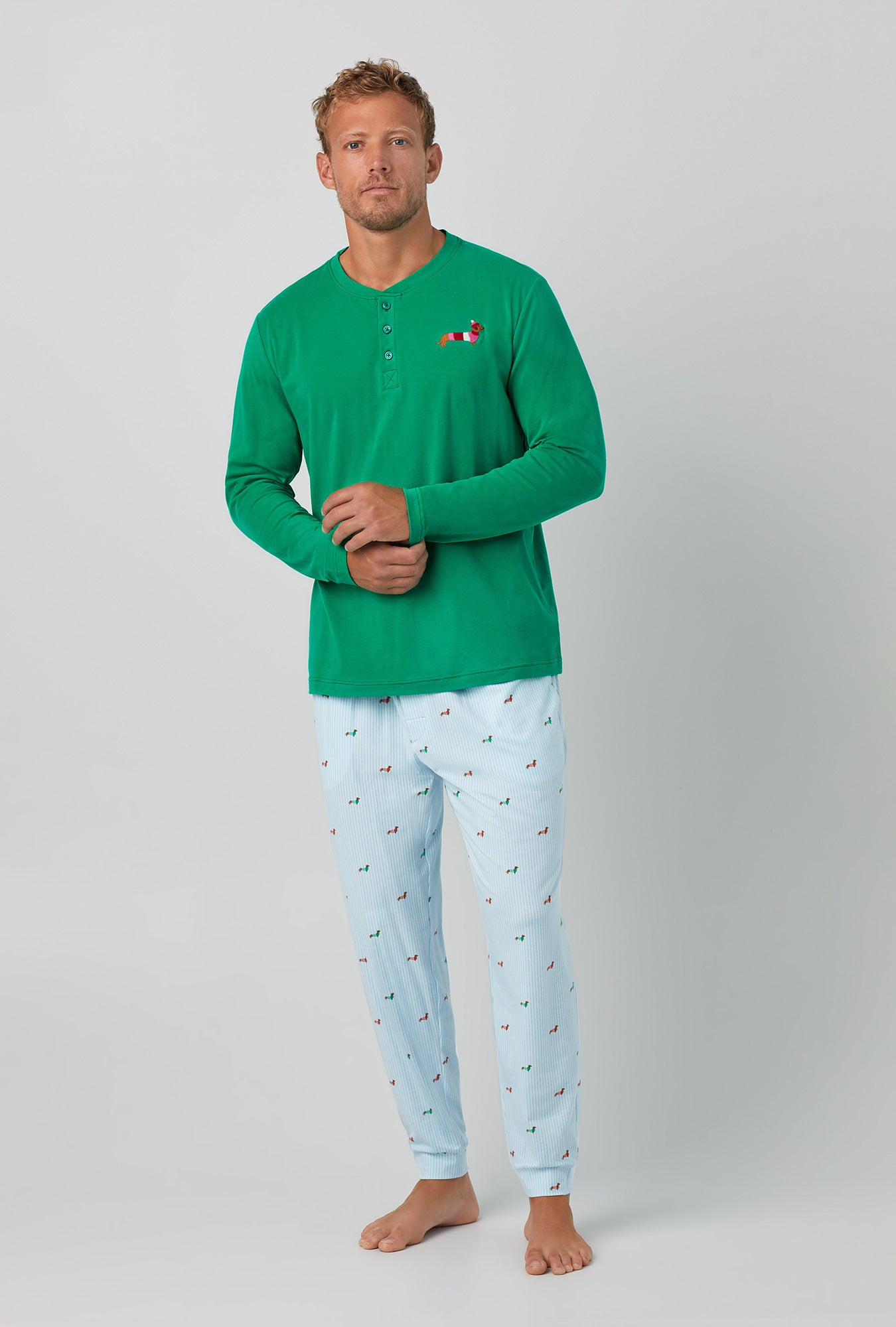 A men wearing green Long Sleeve Jogger Stretch Jersey PJ Set with Dach shun print