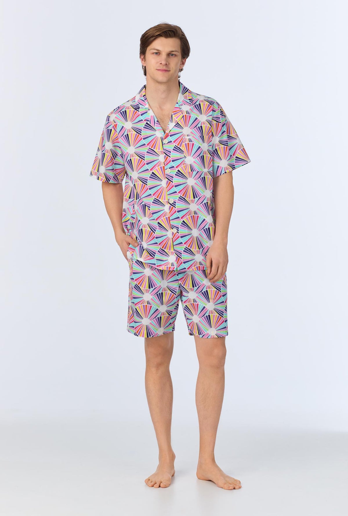 A man wearing  Fanfare Men&#39;s Short Sleeve Notch Woven Cotton Poplin Boxer PJ Set