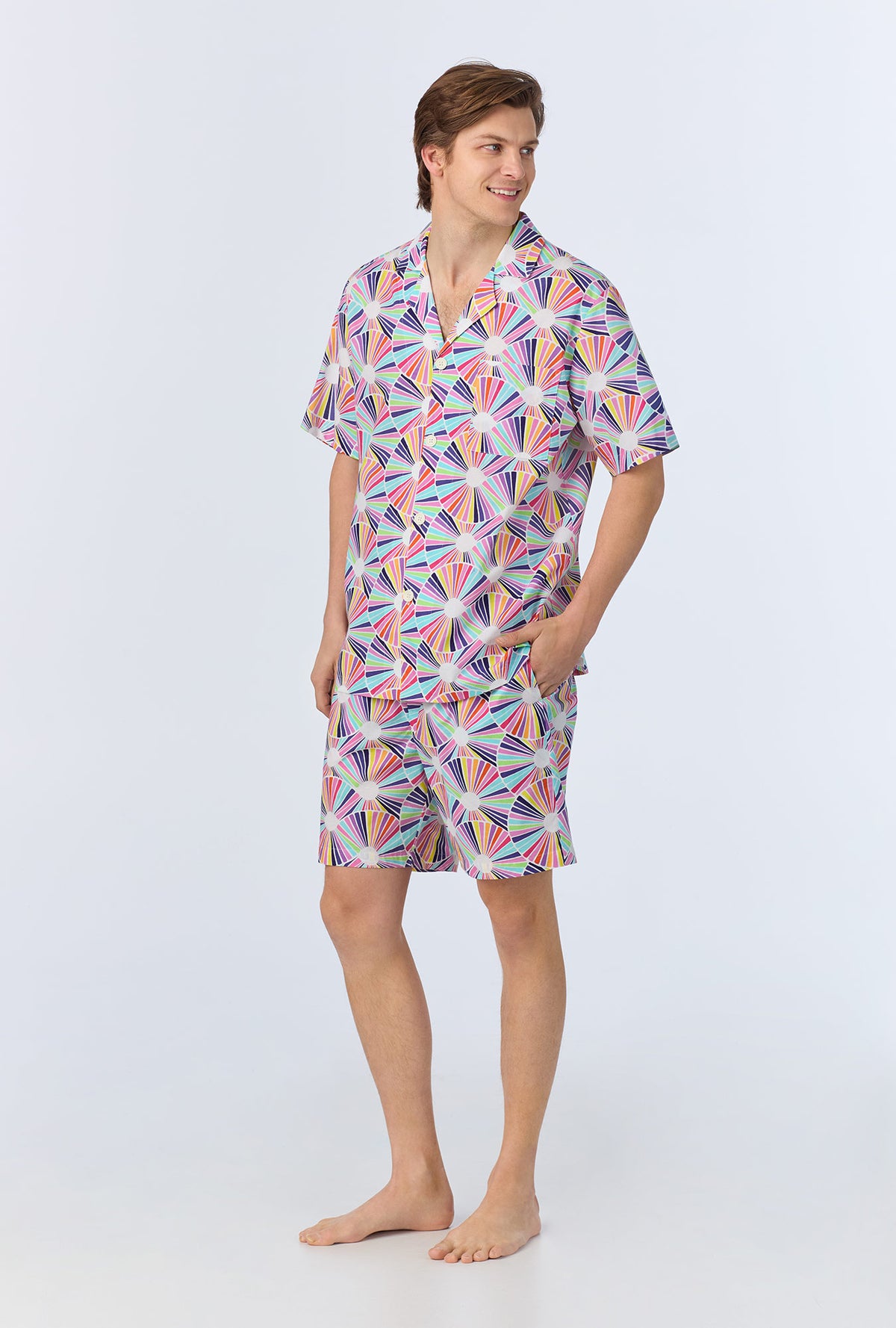 A man wearing  Fanfare Men&#39;s Short Sleeve Notch Woven Cotton Poplin Boxer PJ Set
