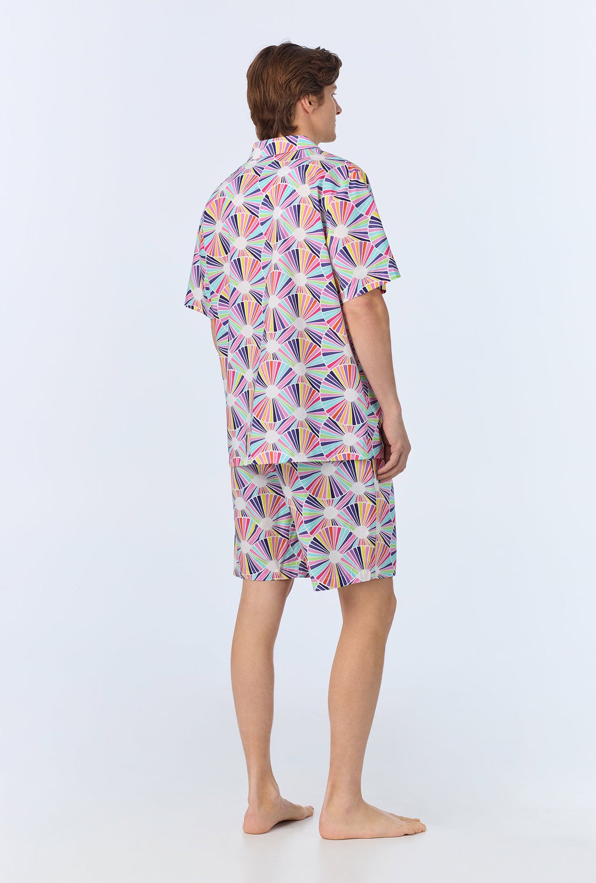 A man wearing  Fanfare Men&#39;s Short Sleeve Notch Woven Cotton Poplin Boxer PJ Set