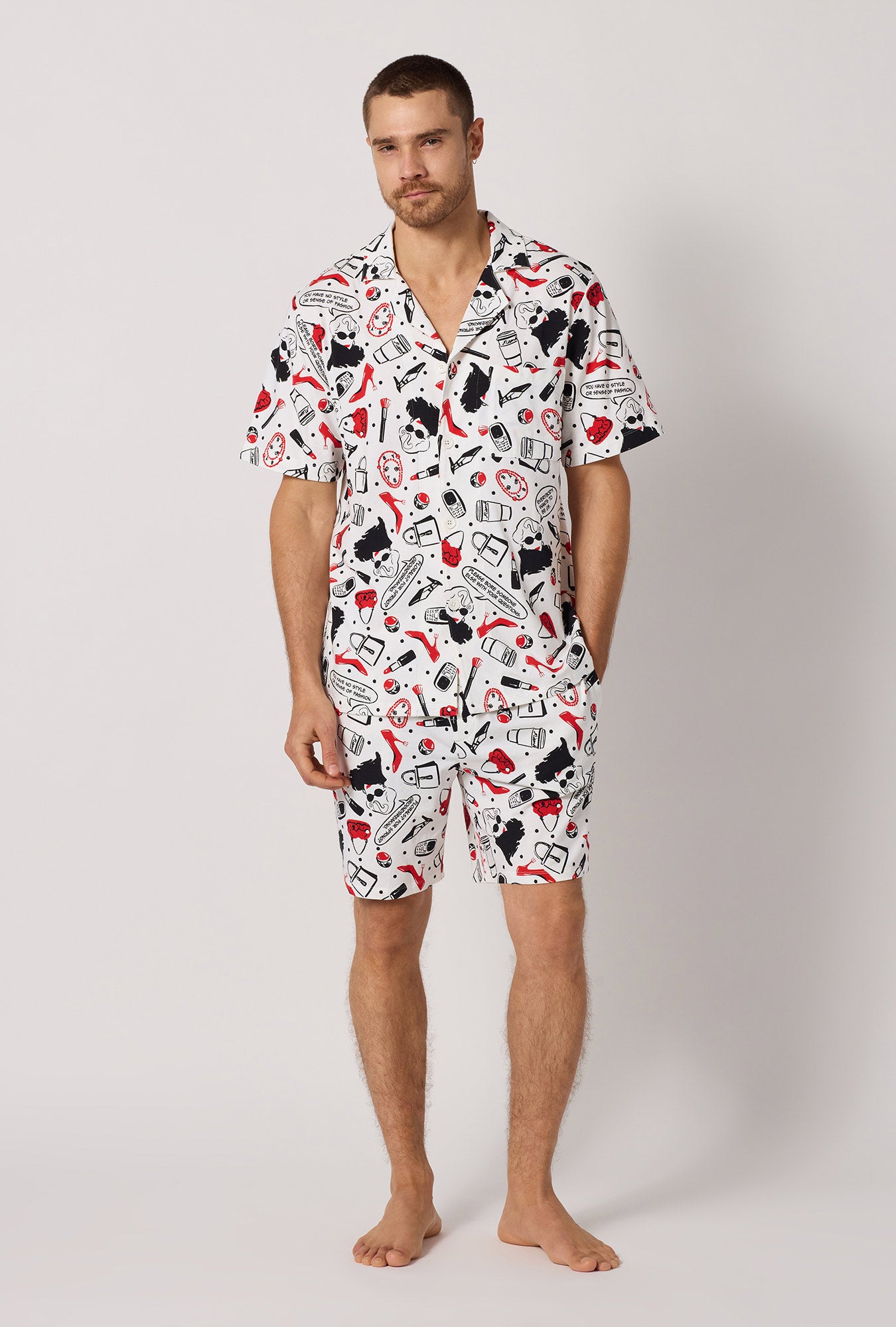 A man wearing Devil Wears Prada Men's Short Sleeve Classic Stretch Jersey Short PJ Set