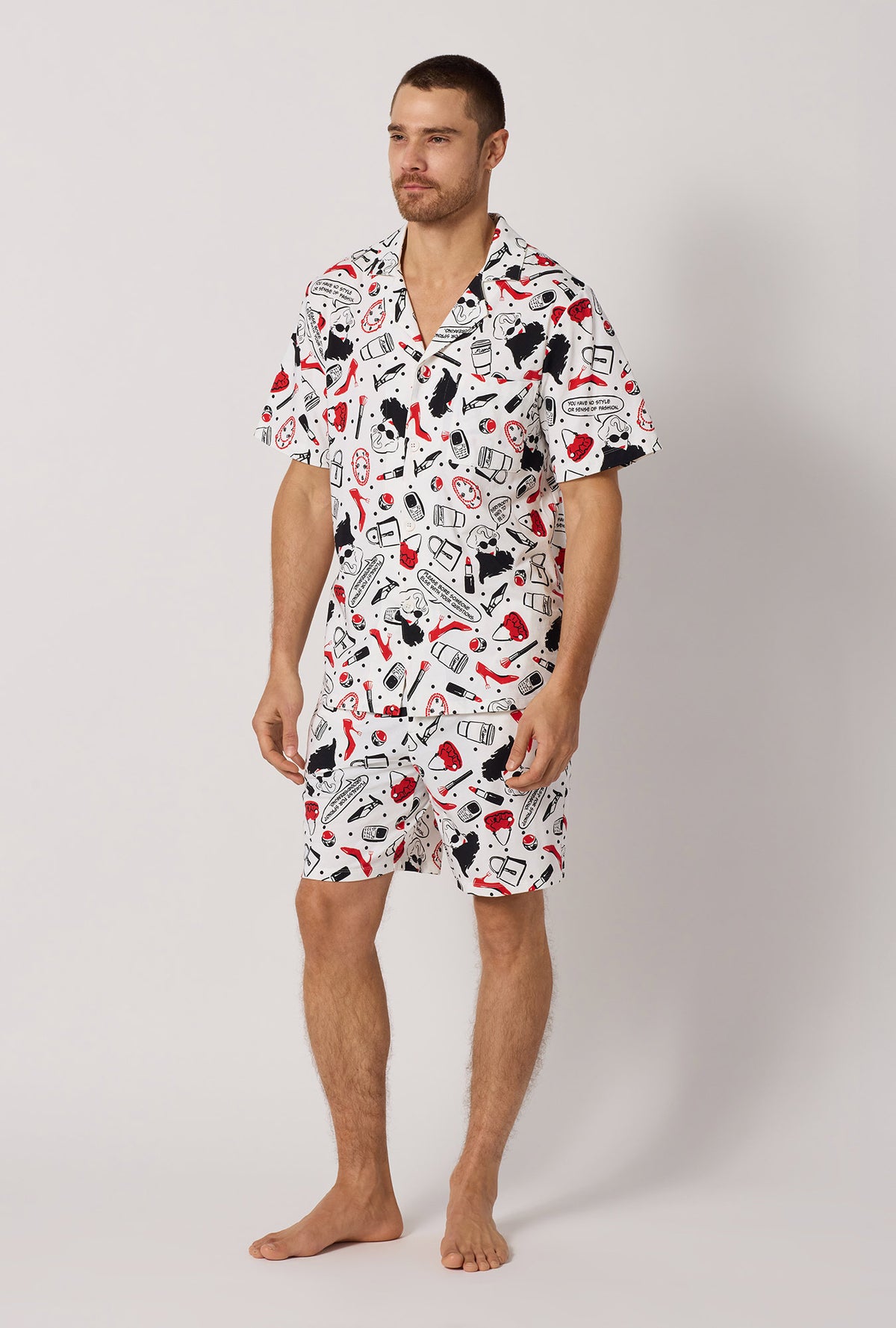 A man wearing Devil Wears Prada Men's Short Sleeve Classic Stretch Jersey Short PJ Set looking side