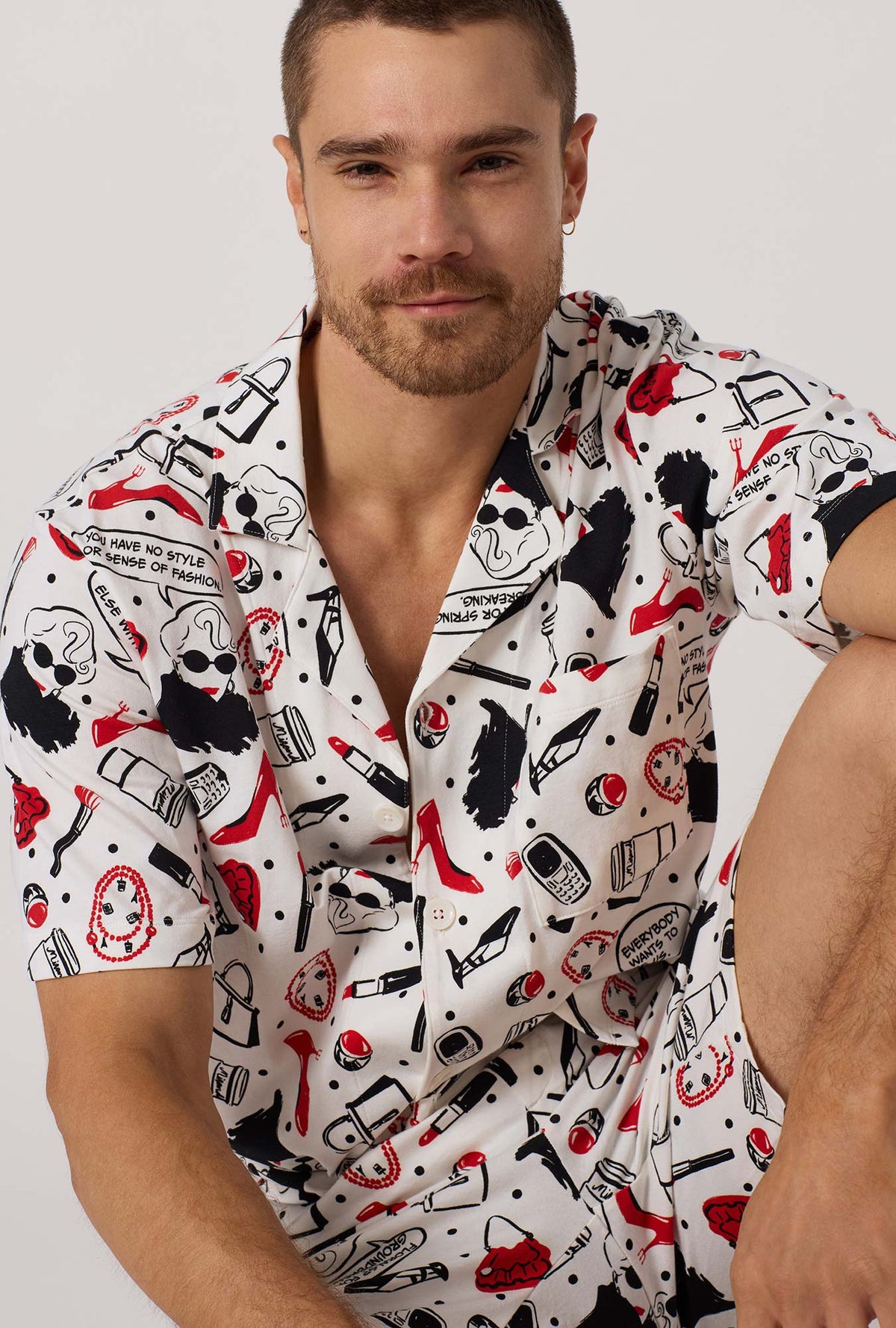 A man wearing Devil Wears Prada  Men's Short Sleeve Classic Stretch Jersey Short PJ Set closer look