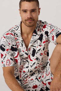 A man wearing Devil Wears Prada  Men's Short Sleeve Classic Stretch Jersey Short PJ Set closer look