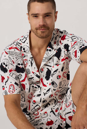 A man wearing Devil Wears Prada  Men's Short Sleeve Classic Stretch Jersey Short PJ Set closer look