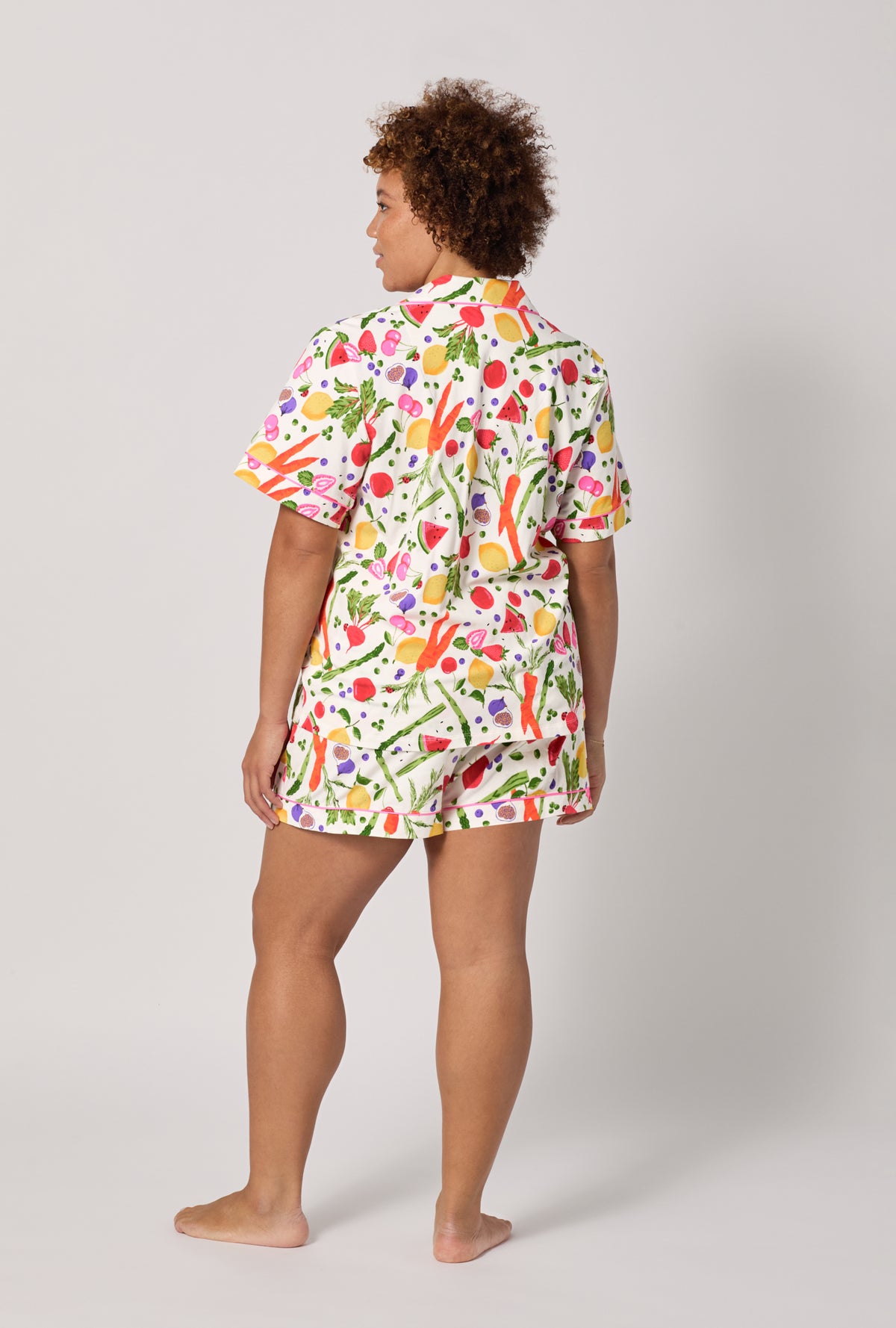 A lady wearing plus Organic Garden Short Sleeve Classic Shorty Stretch Jersey Pj Set
