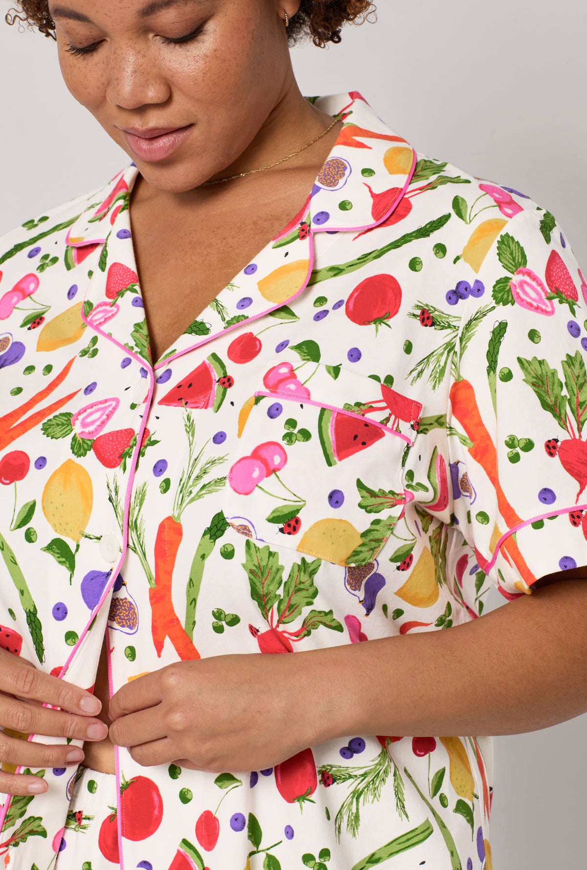A lady wearing plus Organic Garden Short Sleeve Classic Shorty Stretch Jersey Pj Set