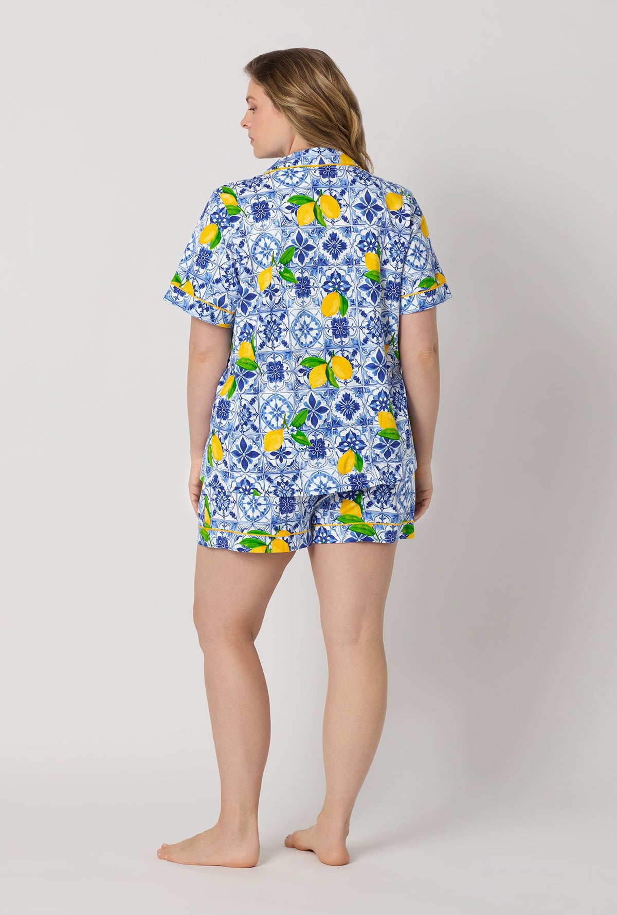A lady wearing plus size Blue and  White Short Sleeve Classic Shorty Stretch Jersey Pj Set back view