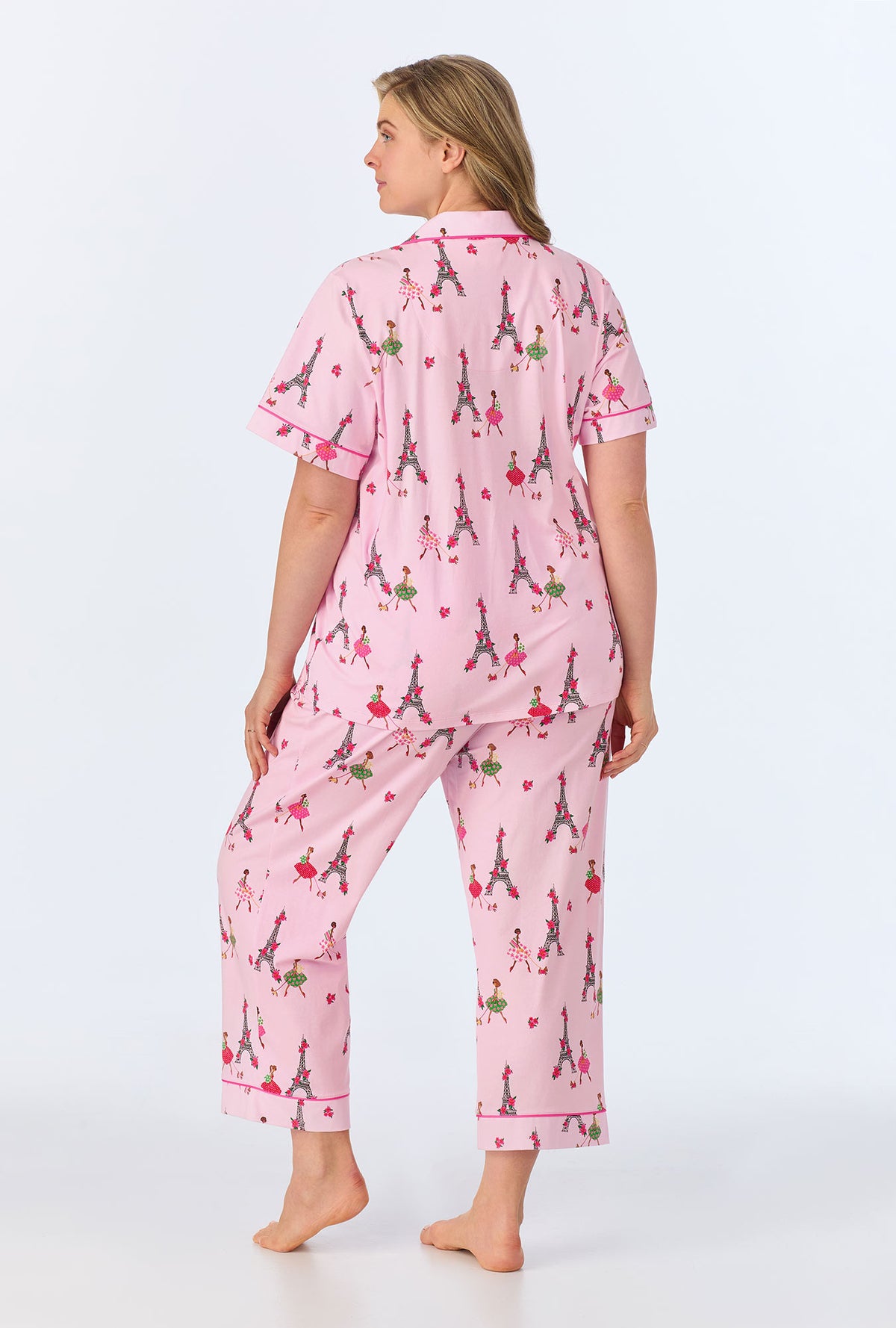 A lady wearing Tres Chic Short Sleeve Classic Stretch Jersey Cropped PJ Set