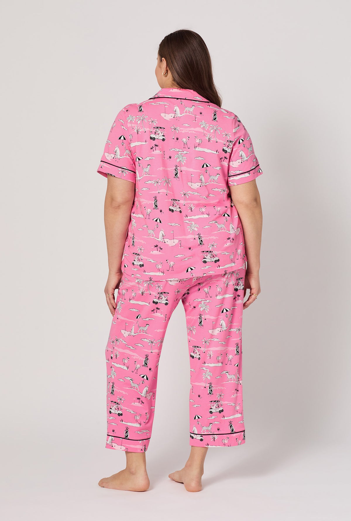 A lady wearing plus Putting Pink Short Sleeve Classic Stretch Jersey Cropped Pj Set