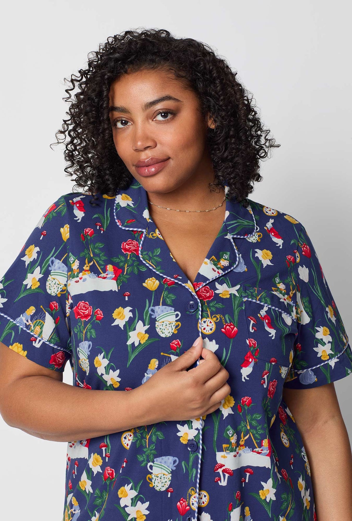 A lady wearing plus size Alice's Adventures Short Sleeve Classic Stretch Jersey Cropped Pj Set