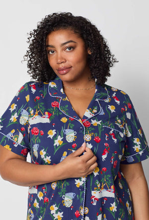 A lady wearing plus size Alice's Adventures Short Sleeve Classic Stretch Jersey Cropped Pj Set