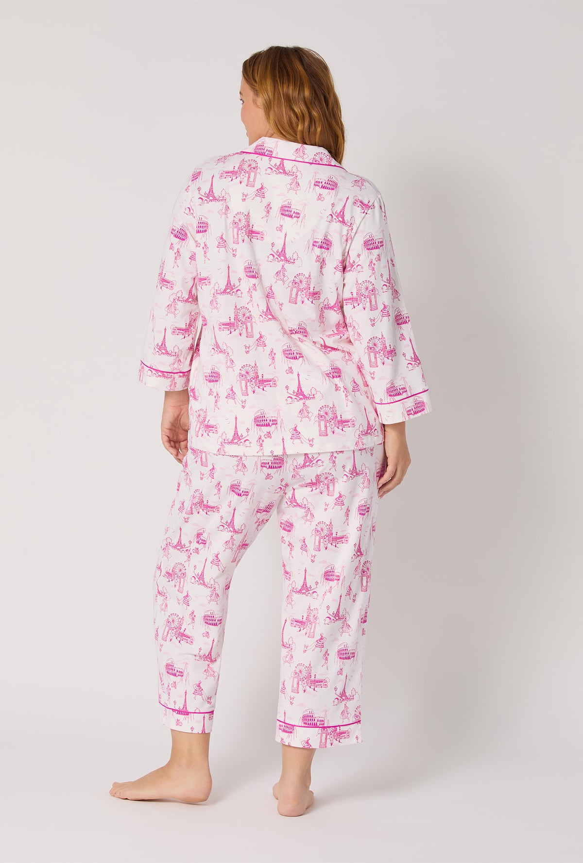 A Lady wearing Jet Setter 3/4 Sleeve Classic Stretch Jersey Cropped Pj Set