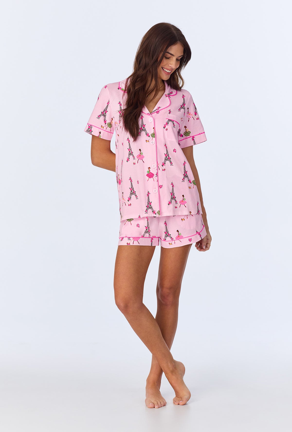 A lady wearing Tres Chic Short Sleeve Classic Shorty Stretch Jersey PJ Set