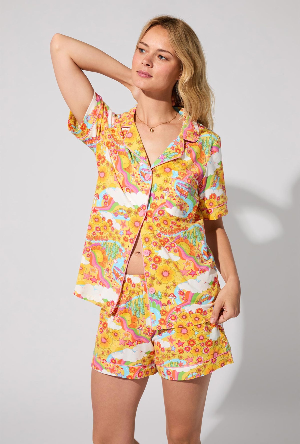 A lady wearing Good Vibes Short Sleeve Classic Shorty Stretch Jersey PJ Set