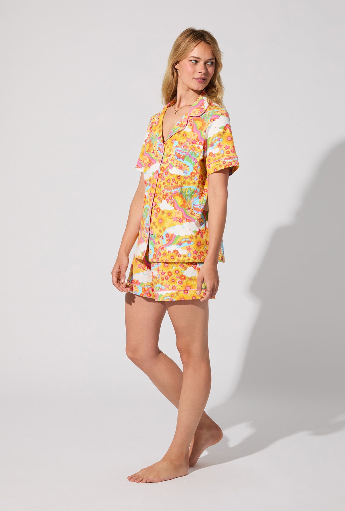 A lady wearing Good Vibes Short Sleeve Classic Shorty Stretch Jersey PJ Set