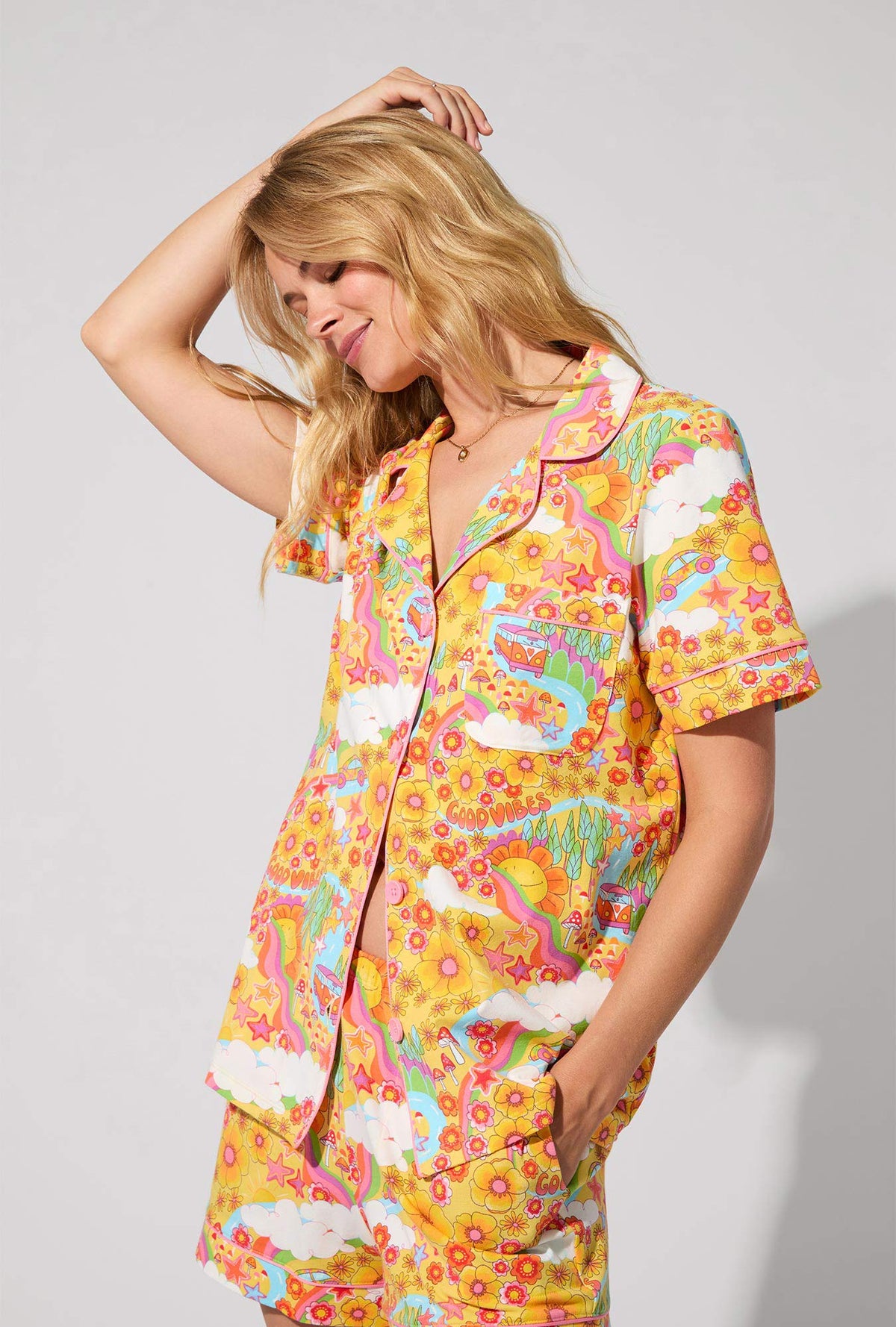A lady wearing Good Vibes Short Sleeve Classic Shorty Stretch Jersey PJ Set