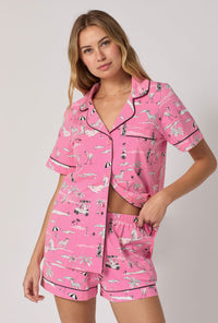 A lady wearing Putting Pink Short Sleeve Classic Shorty Stretch Jersey Pj Set
