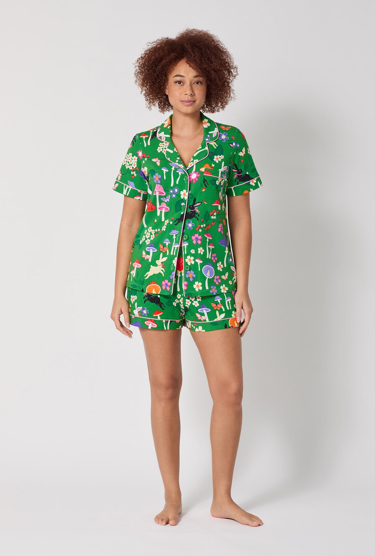 A lady wearing Spring Hares Short Sleeve Classic Shorty Stretch Jersey Pj Set