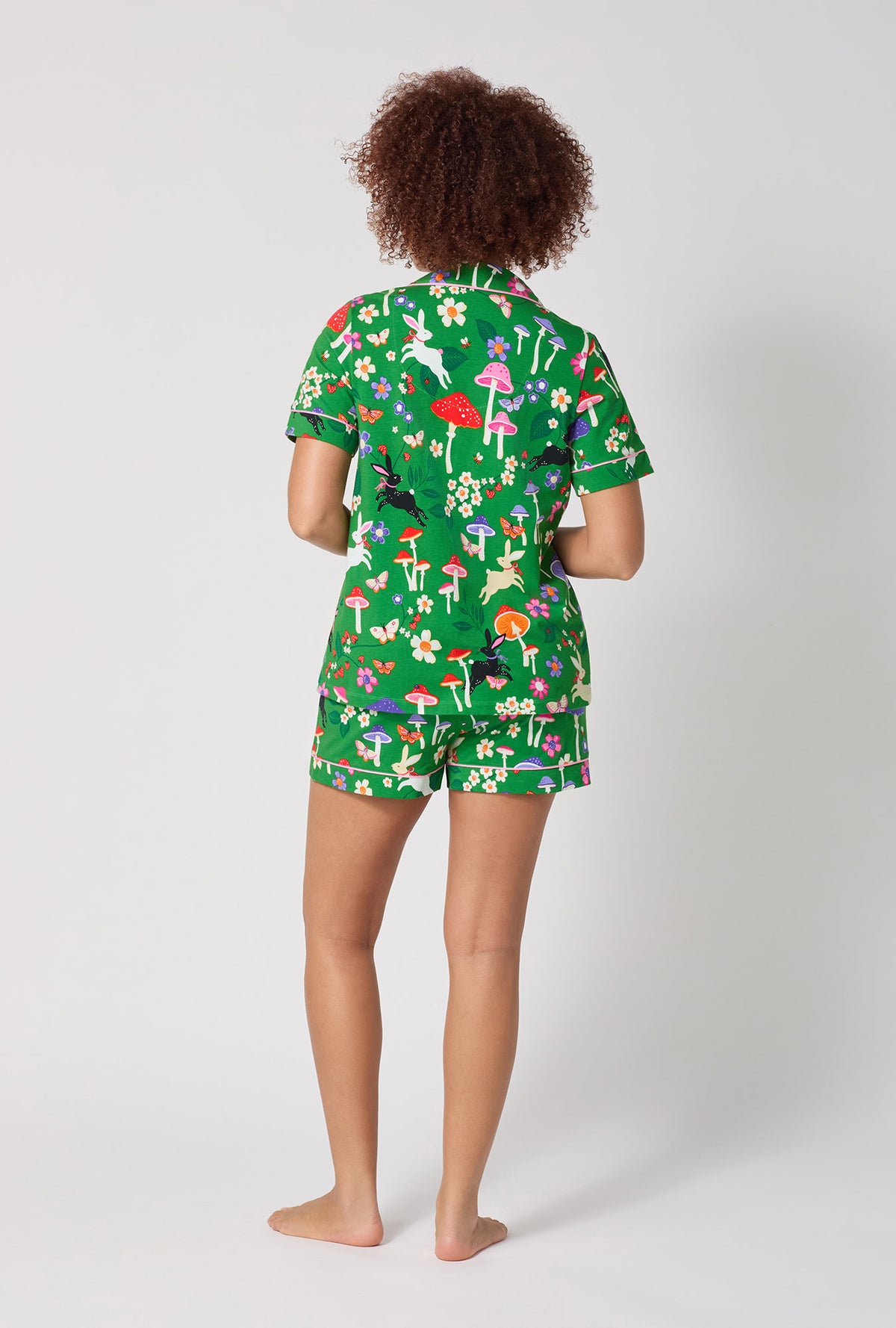 A lady wearing Spring Hares Short Sleeve Classic Shorty Stretch Jersey Pj Set