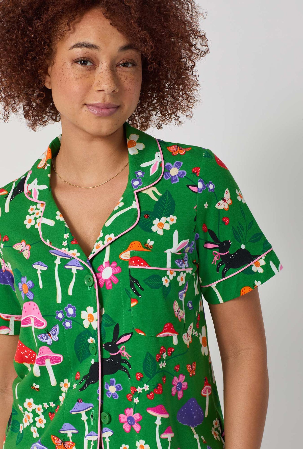 A lady wearing Spring Hares Short Sleeve Classic Shorty Stretch Jersey Pj Set