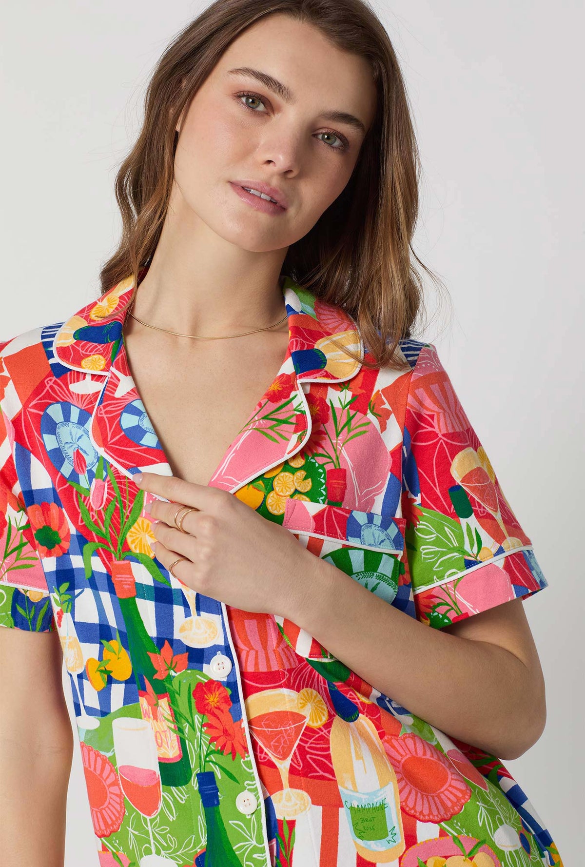 A lady wearing Picnic In The Park Short Sleeve Classic Stretch Jersey Cropped Pj Set