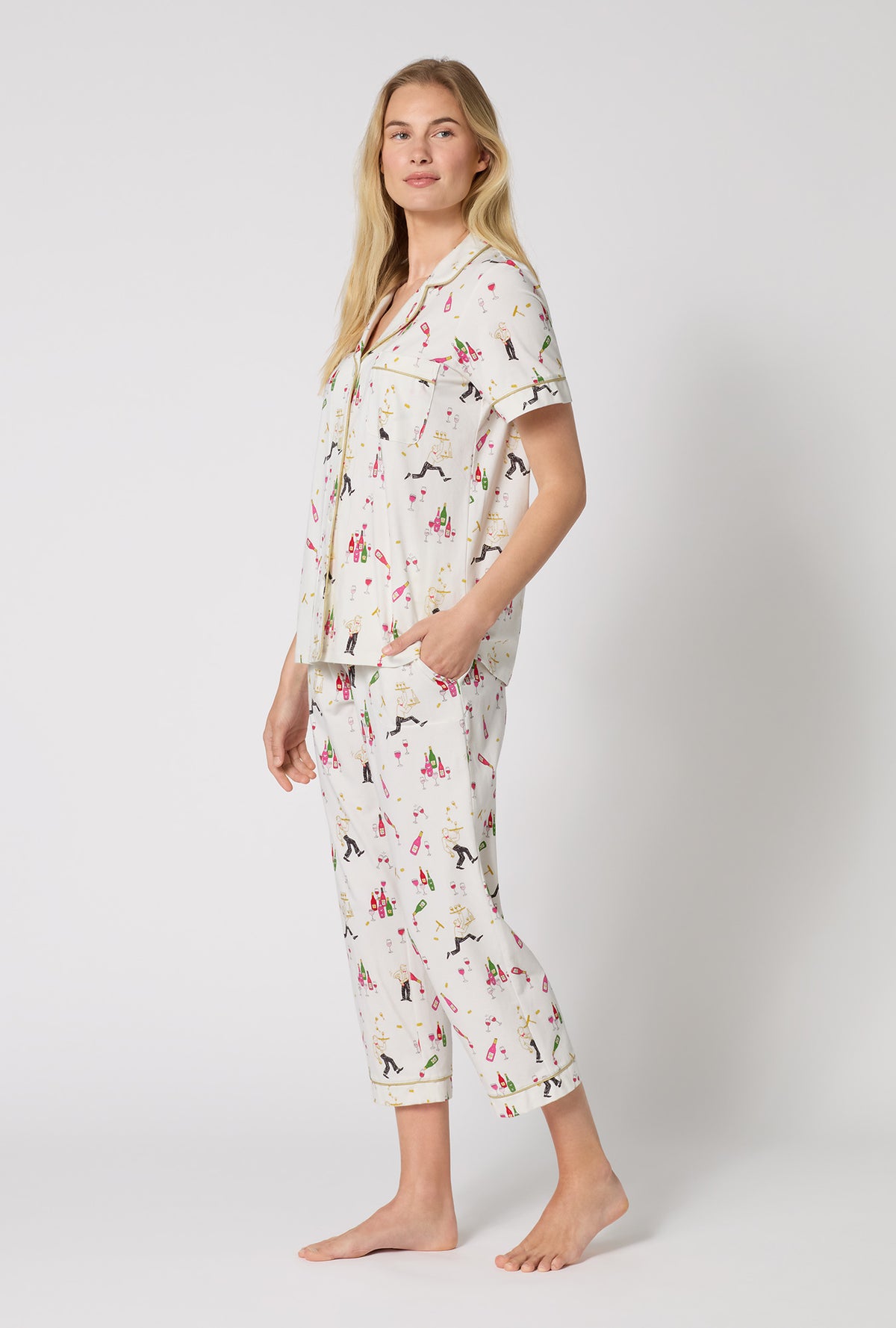 A Lady Wearing Bar A Vin Short Sleeve Classic Stretch Jersey Cropped Pj Set facing front in a side angled pose