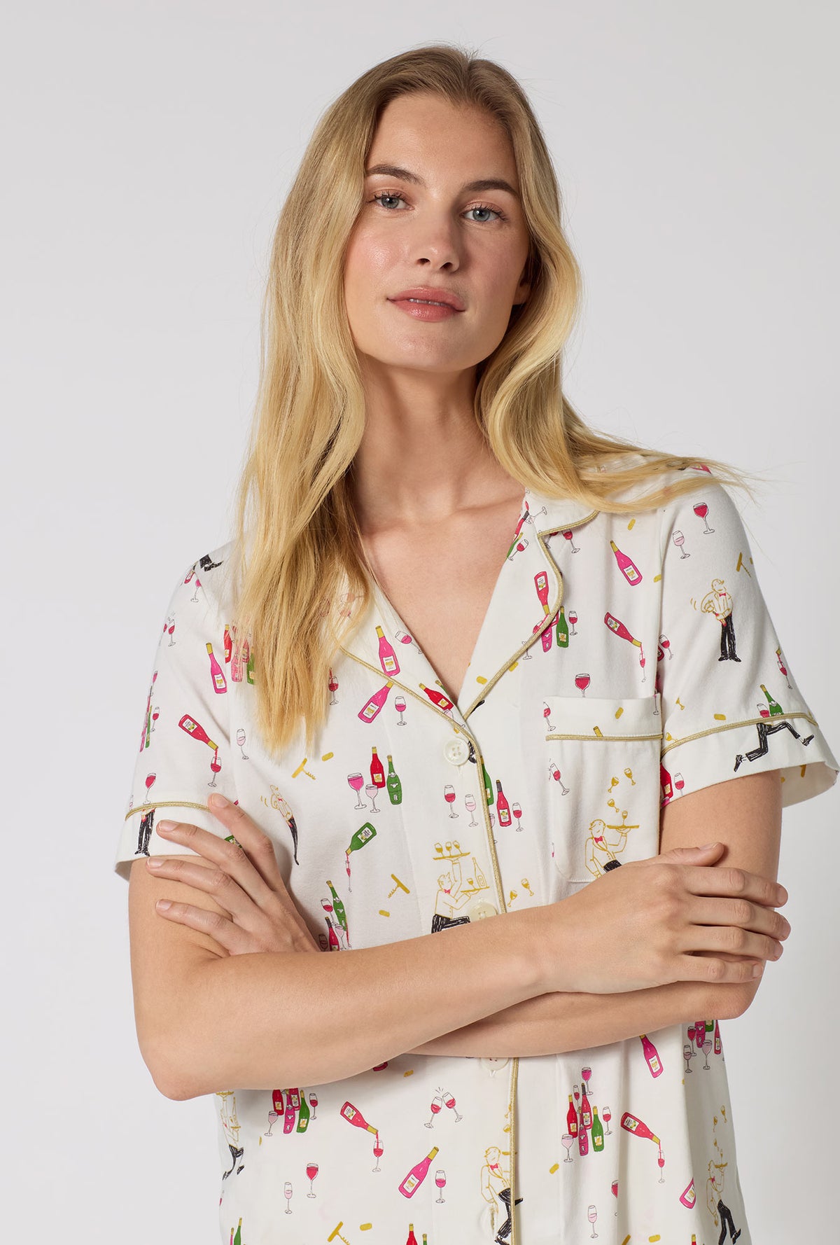 A Lady Wearing Bar A Vin Short Sleeve Classic Stretch Jersey Cropped Pj Set facing front in a close up shot