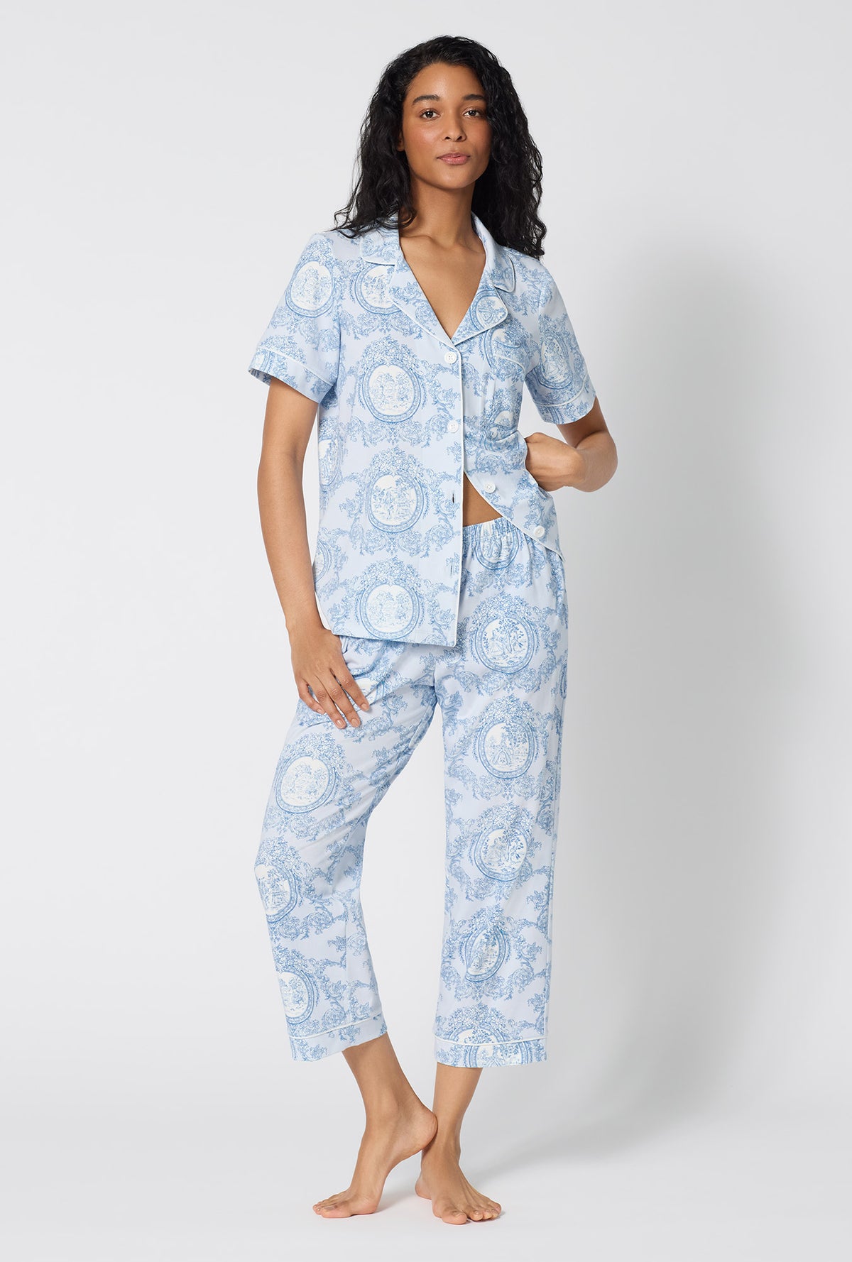 A Lady Wearing Minuet Toile Short Sleeve Classic Stretch Jersey Cropped Pj Set