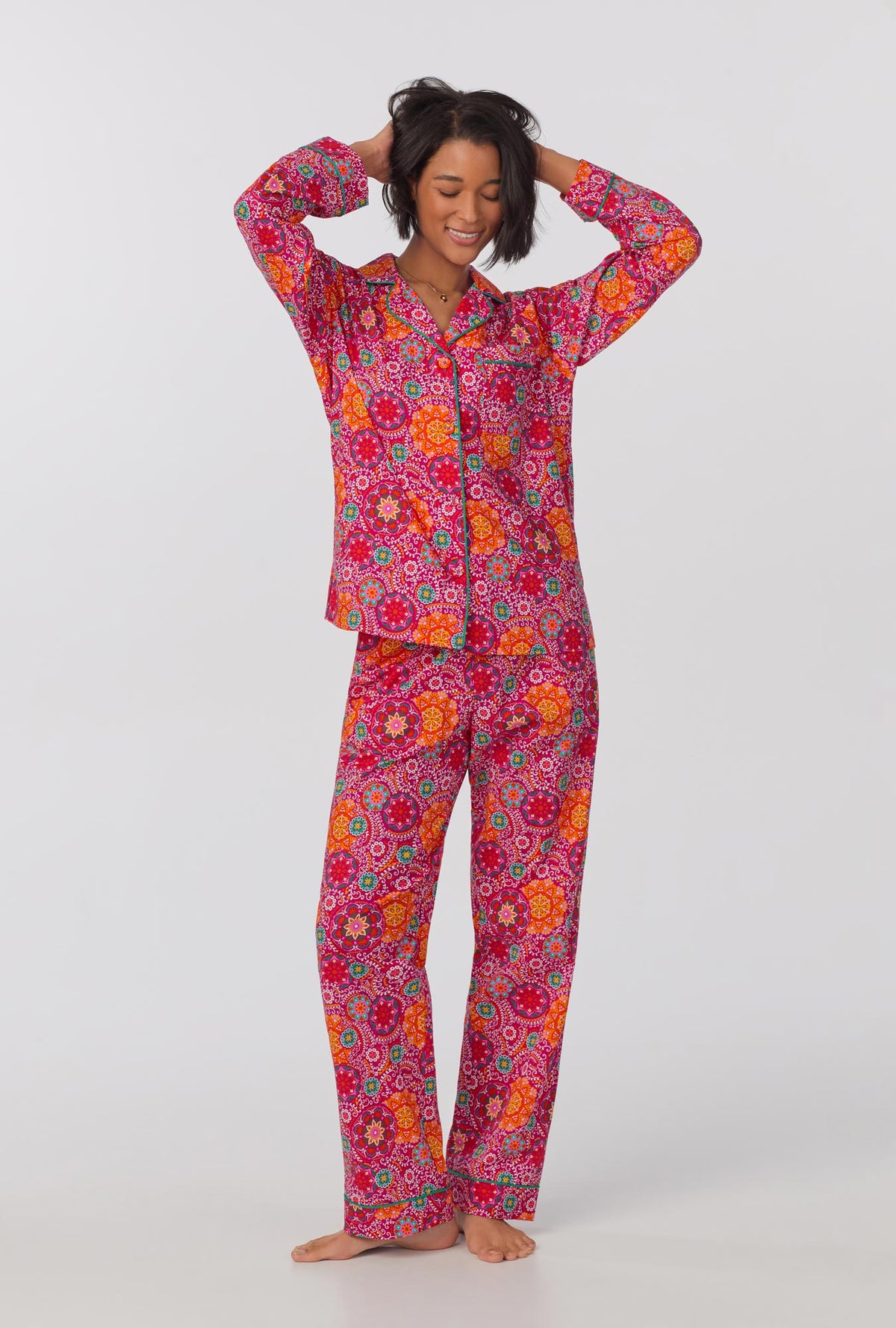 A lady wearing long sleeve classic woven cotton poplin pj set with casablanca print