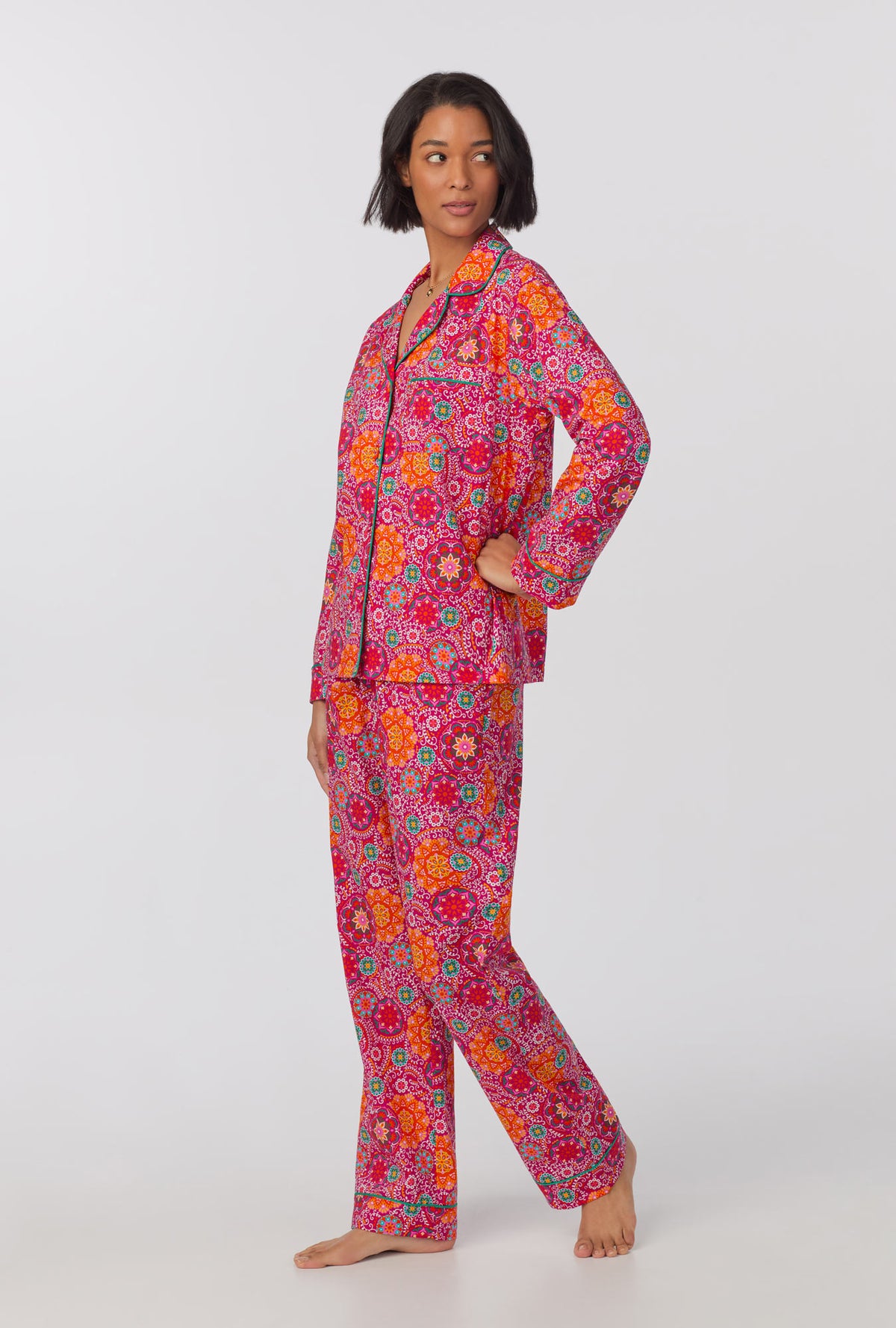 A lady wearing long sleeve classic woven cotton poplin pj set with casablanca print