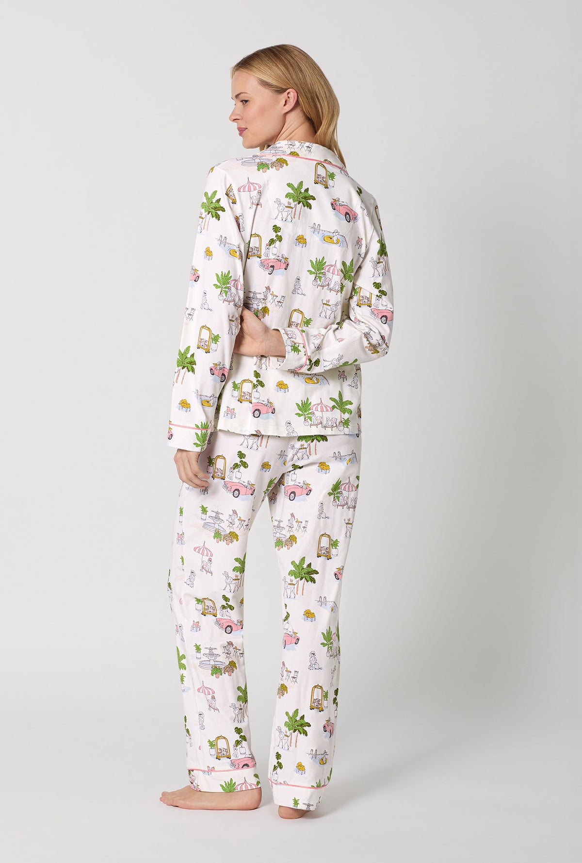 A Lady Wearing Poolside Poodles Long Sleeve Classic Stretch Jersey PJ Set Back View