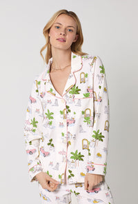 A Lady Wearing Poolside Poodles Long Sleeve Classic Stretch Jersey PJ Set Closeup View