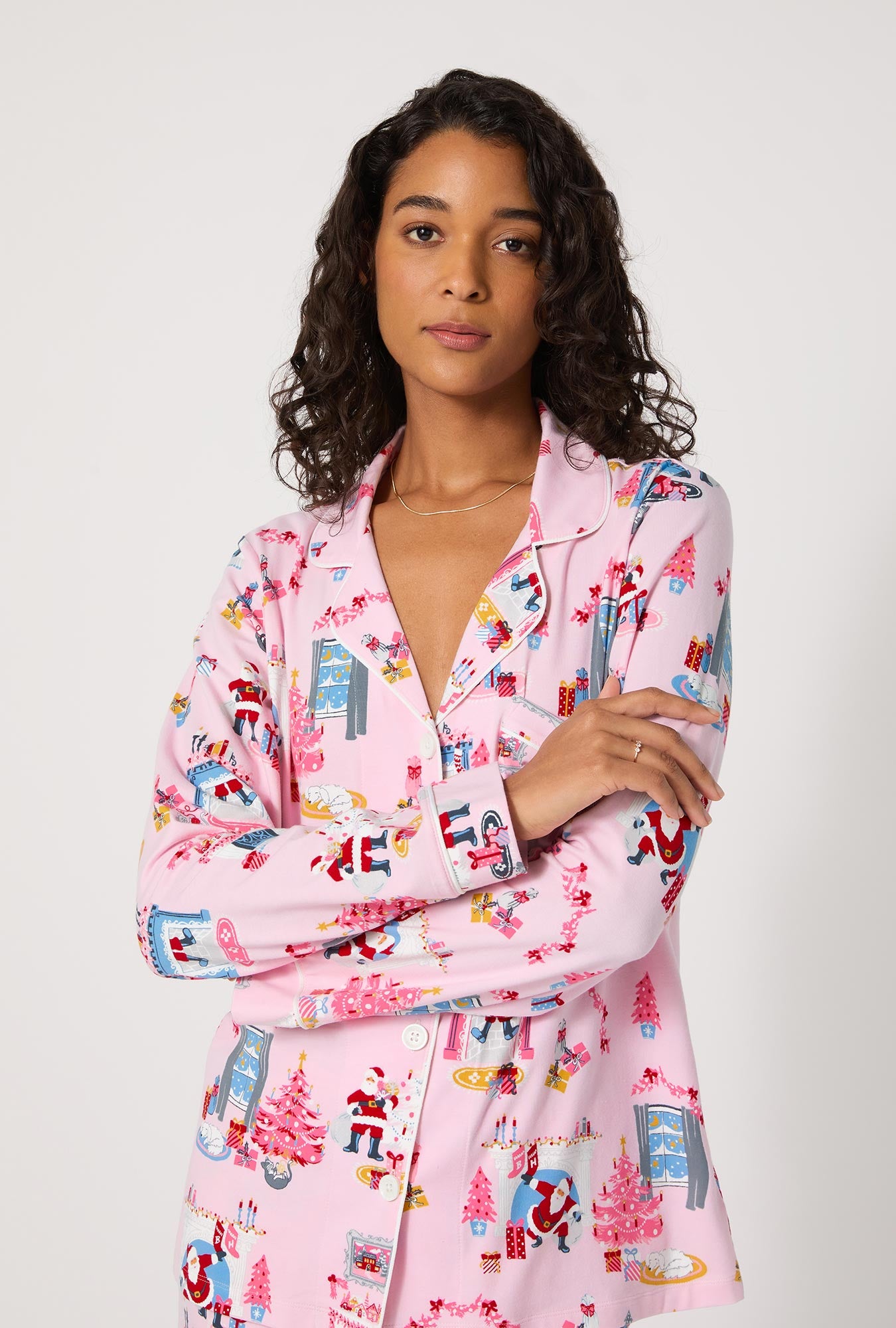 A lady wearing Must Be Santa Long Sleeve Classic Stretch Jersey Pj Set