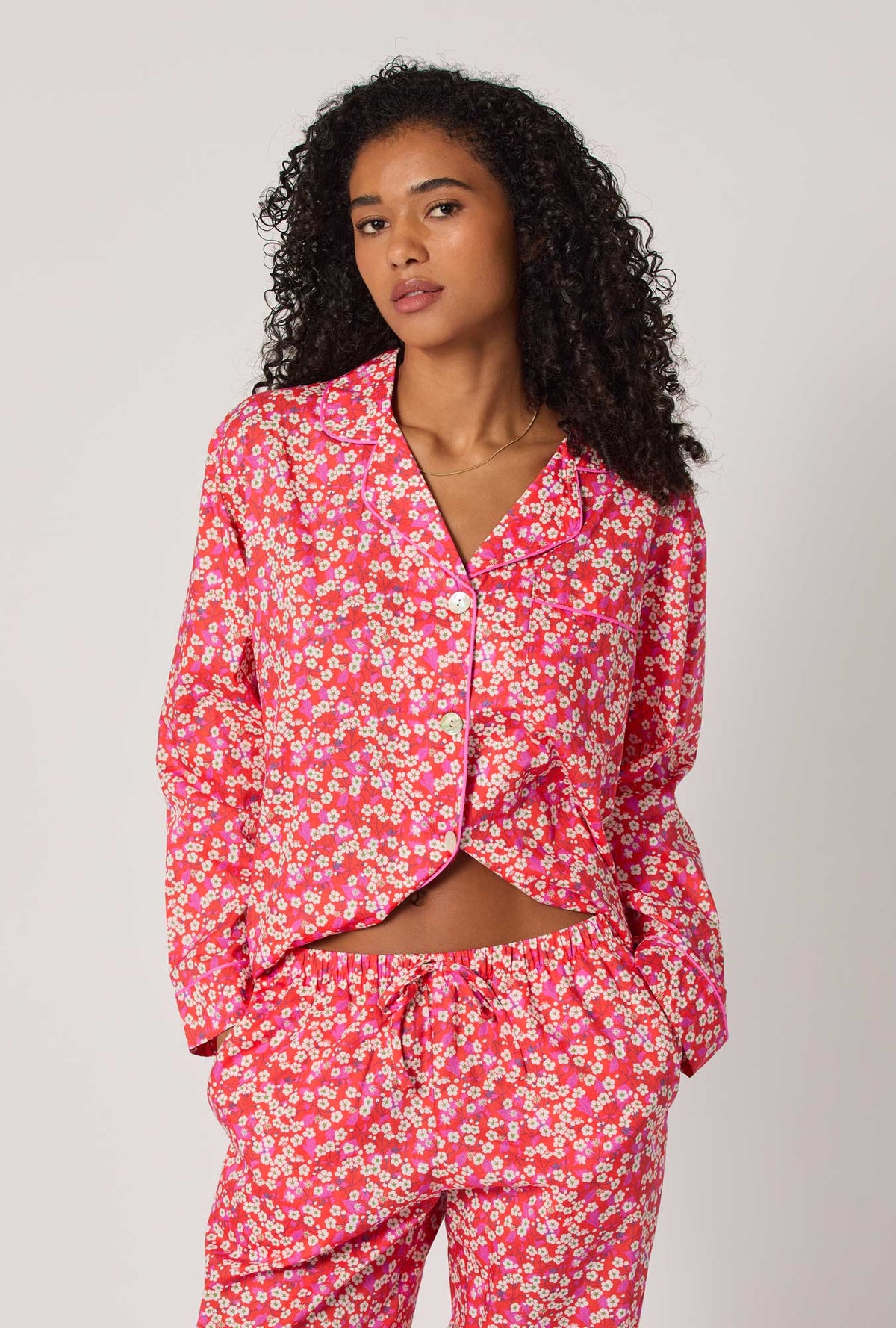 A lady wearing Mitsi Long Sleeve Classic Woven Tana Lawn® Pj Set Made With Liberty Fabric
