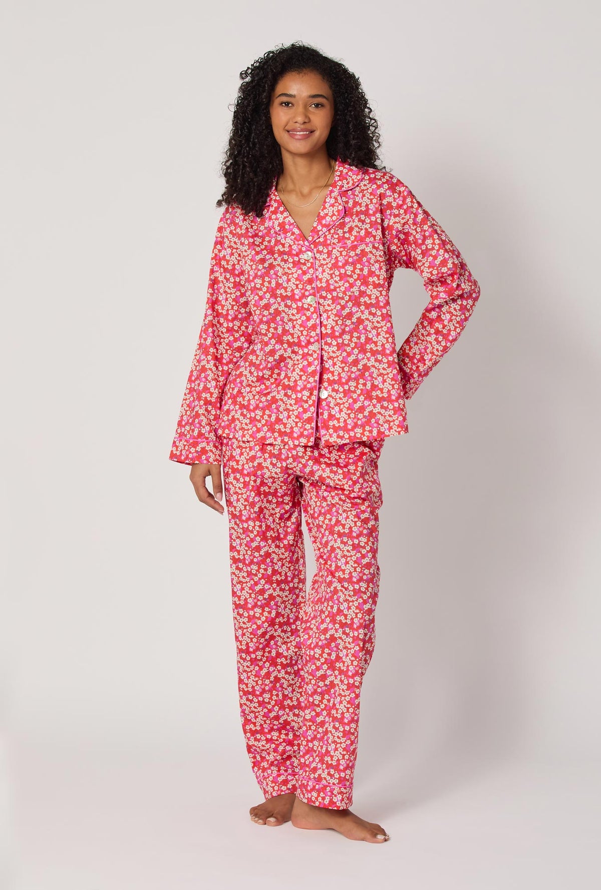 A lady wearing Mitsi Long Sleeve Classic Woven Tana Lawn® Pj Set Made With Liberty Fabric