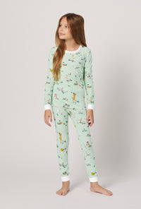 A girl wearing Lawn Games Long Sleeve Stretch Jersey Kids Pj Set