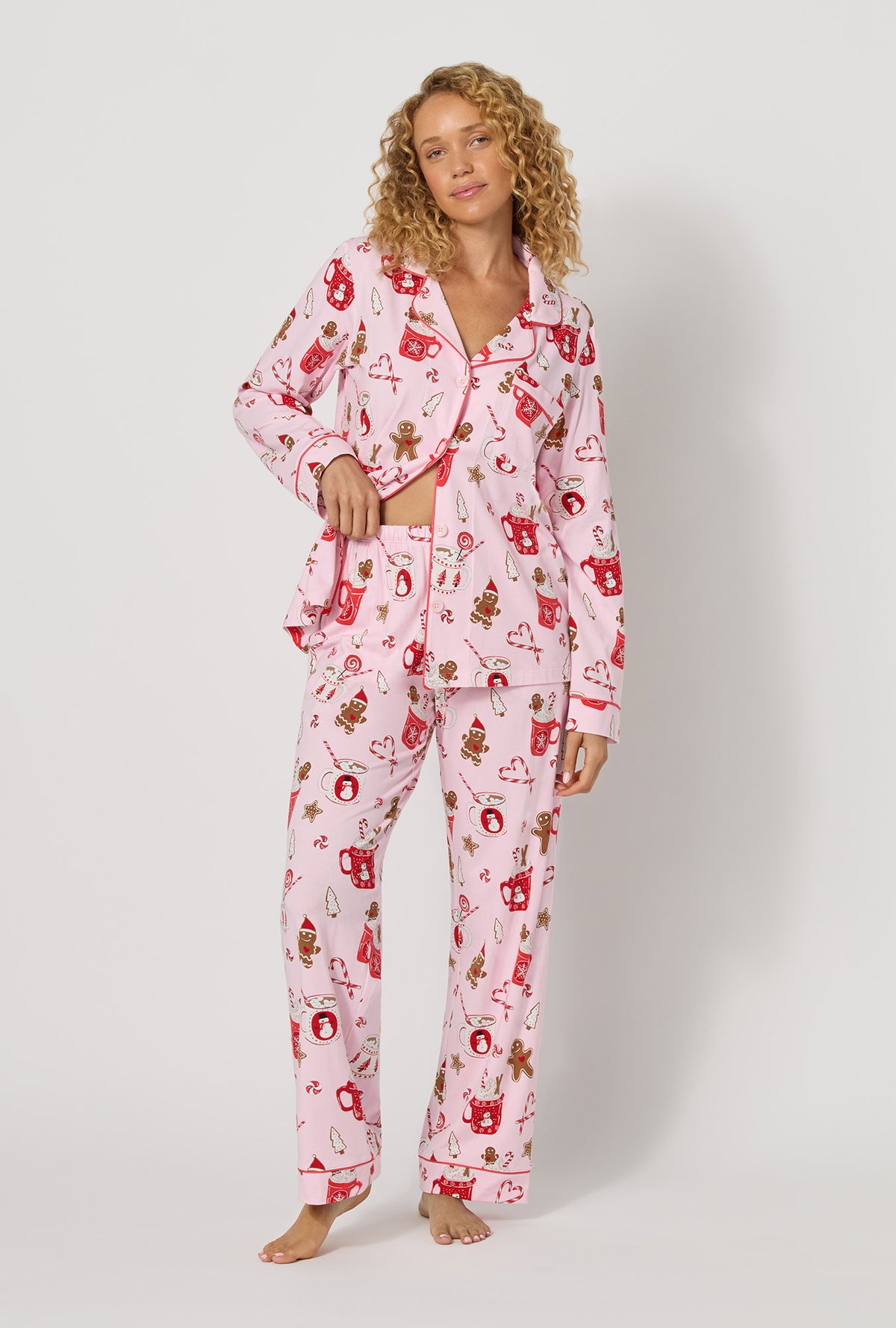 A lady wearing Candy And Cocoa Long Sleeve Classic Stretch Jersey Pj Set looking front