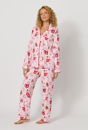 A lady wearing Candy And Cocoa Long Sleeve Classic Stretch Jersey Pj Set