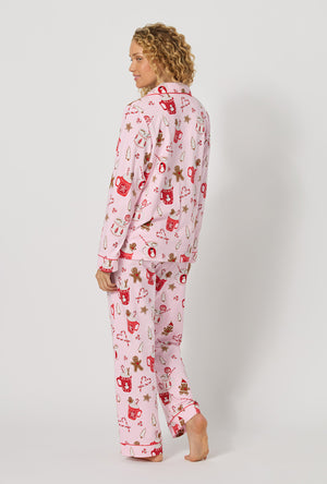 A lady wearing Candy And Cocoa Long Sleeve Classic Stretch Jersey Pj Set back view