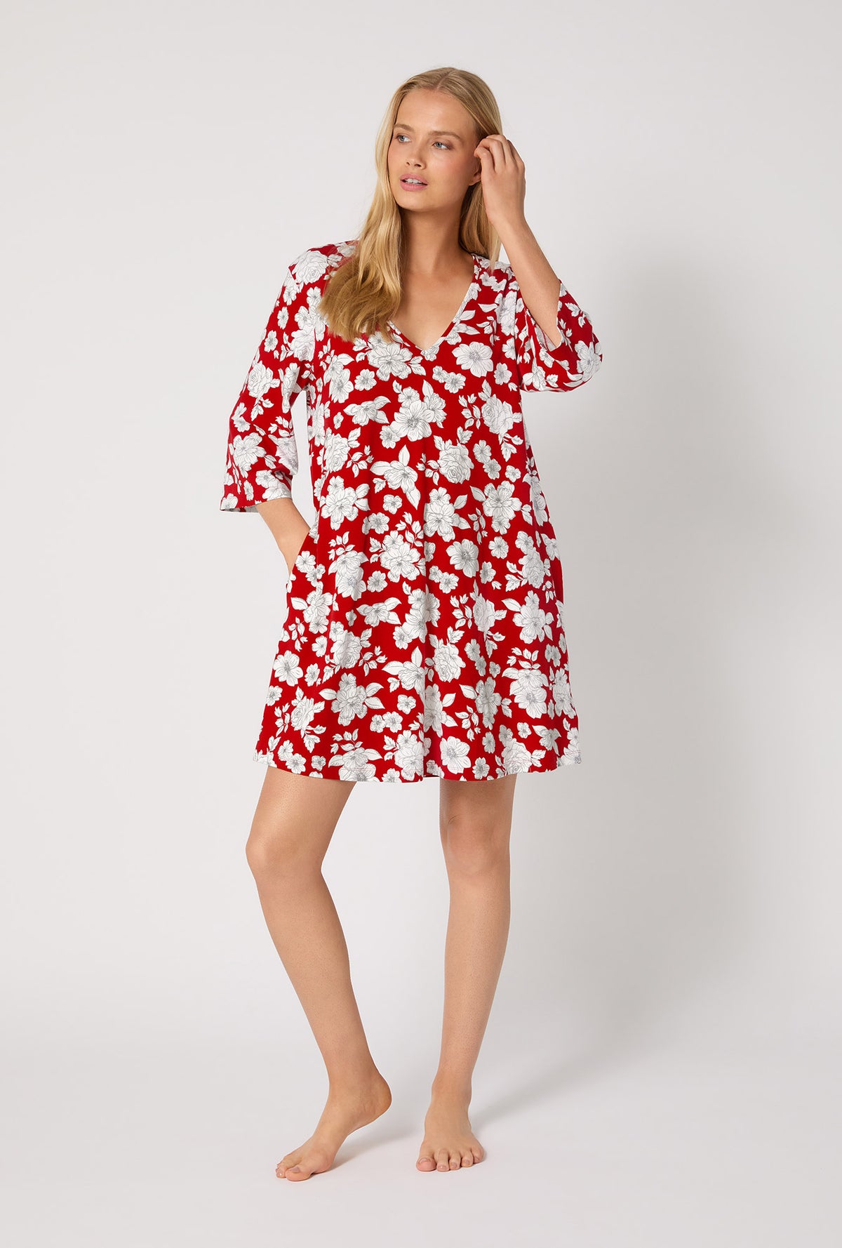 A lady wearing Floral Charm Stretch Jersey Sleep Dress